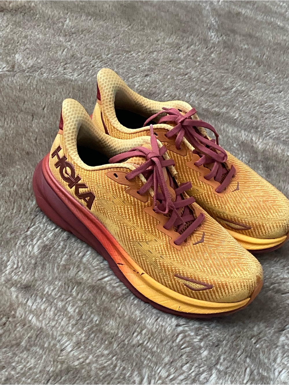 Hoka Women's Yellow and Burgundy Gradient Athletic Running Shoes